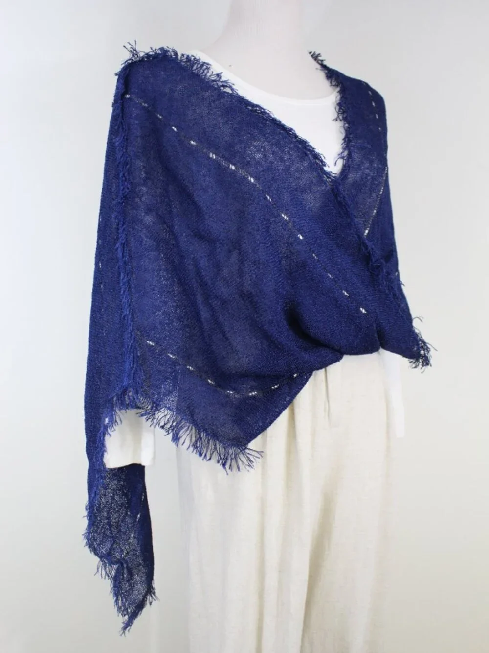 Blue Fringe Knit Wrap Shawl Lightweight Sheer Scarf Boho Wedding - Picture 2 of 12